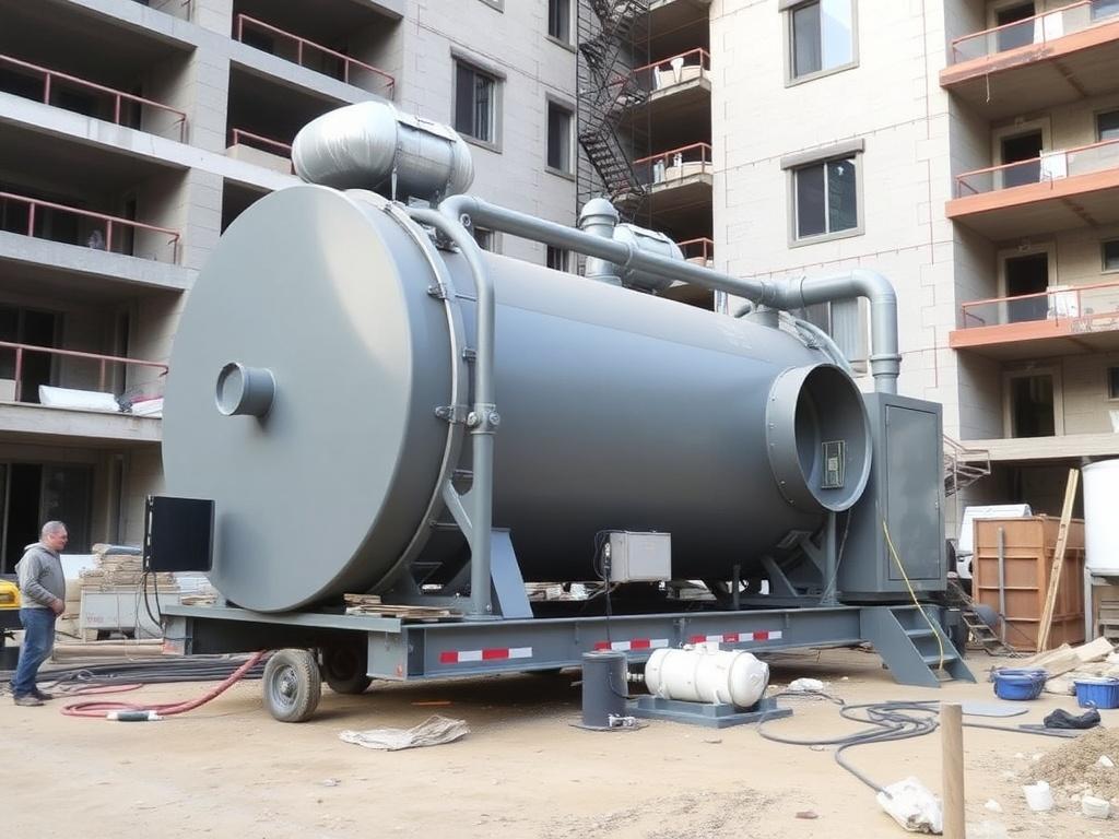 Portable boiler plant during construction of a multi-story building.фото